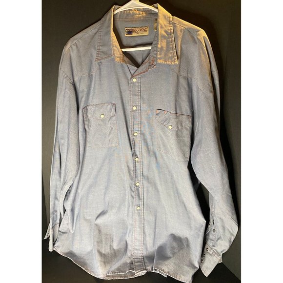 Big Mac Long Sleeve Shirt Mens 2XL Tall Blue Western Pearl Snap Workwear Casual - Picture 1 of 8